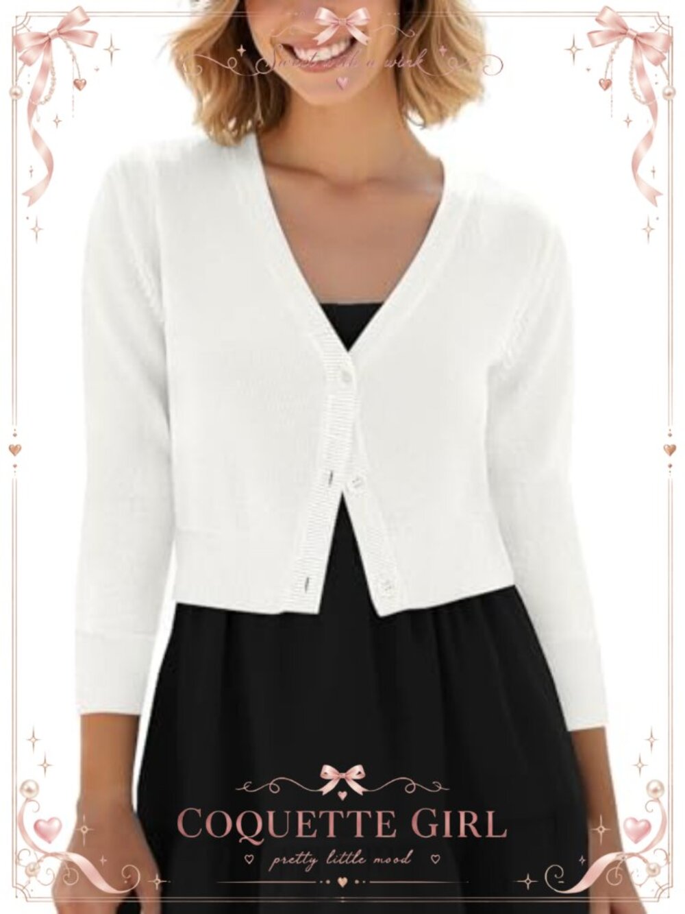 Cropped Button Down Cardigan Sweater V-Neck 3/4 Sleeve Knit Shrug
